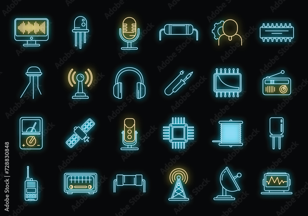 Poster radio engineer tool icons set. outline set of radio engineer tool vector icons neon color on black