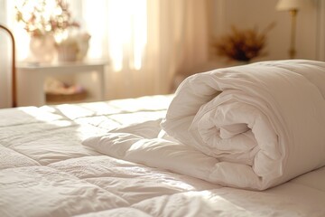 Fototapeta na wymiar White Folded Duvet on Bed in Softly Lit Bedroom Preparing for Winter Season