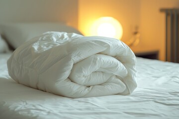 Fototapeta na wymiar White Folded Duvet on Bed in Softly Lit Bedroom Preparing for Winter Season