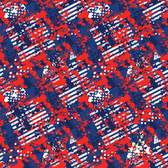 Abstract seamless geometric pattern with urban elements, scuffed, drops, spray paint ink. USA colors ornament with Grunge textured background. Wallpaper for boys, girls. Red and blue repeated backdrop