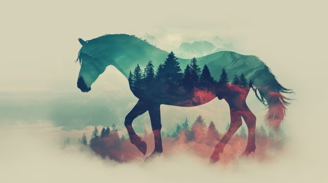  a digital painting of a horse with trees on it's back and a foggy sky in the background with trees on it's back and a mountain range in the foreground.