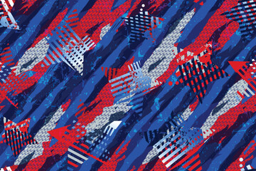 American stars seamless pattern on grunge strokes background. Camouflage print for sport textile, clothes, wrapping paper. USA colors endless ornament with stars. American repeat print.