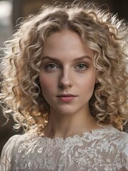 Fototapeta premium woman with long light golden fair flaxen white curly hair and round chestnut brown eyes.