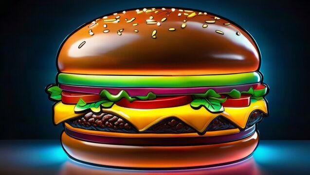 A cheeseburger with a rainbow-colored neon frame surrounding it. The burger has a sesame seed bun, with lettuce, tomato, and a beef patty in the middle. The cheese is yellow and slightly melted. 