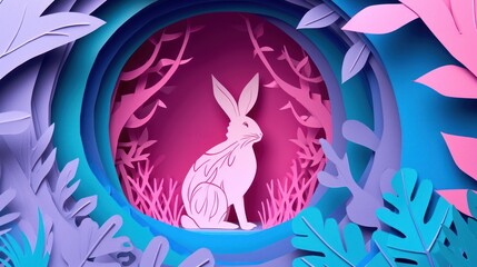 Obraz premium a paper cut of a rabbit sitting in the middle of a forest with leaves and flowers on the sides of the paper cut of a rabbit sitting in the middle of the forest.
