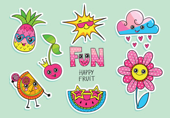 Naive playful sticker pack with sun, cloud, pineapple, flower, melon, cherry, orange fruit slice. Cartoon style stickers kawaii eyes. Vector illustration with kids heroes.