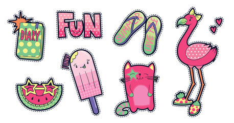 Naive playful abstract shapes sticker pack with pink flamingo, cat, ice cream, watermelon, book, summer flip flops. Cartoon style stickers. Vector illustration with kids heroes.