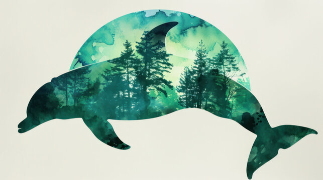  a watercolor painting of a green whale with trees in the background and a moon in the middle of the picture with the word dolphin on the bottom of the picture.