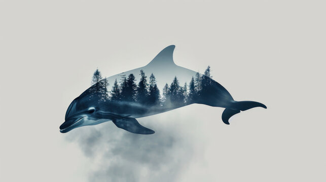  a picture of a dolphin in the air with trees in the back ground and fog in the air in front of it, and a fog in the back ground.