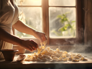Close up of woman's hands making fresh pasta, blurry window background 
