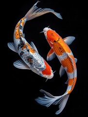 Pair of stunning orange and white koi fish isolated on a black background.