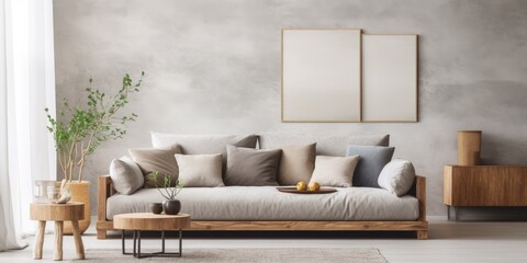 Stylish home decor template with creative living room composition featuring gray sofa, wooden coffee table, stylish carpet, beige side table, pillows, personal accessories, and marble lamp.