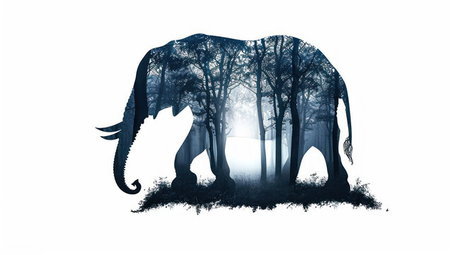  an elephant standing in the middle of a forest with trees on it's back and a foggy sky behind it, with a silhouette of an elephant in the foreground.