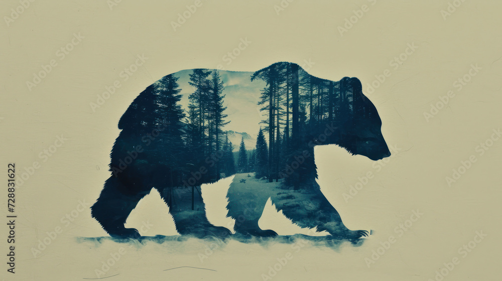 Wall mural a painting of a bear and a bear cub walking in the snow in front of a forest with a full moon in the