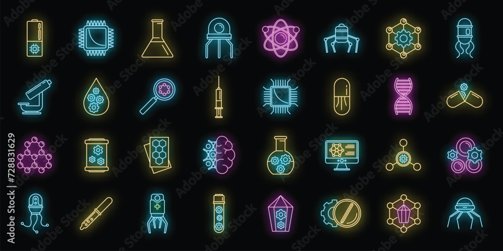 Poster nanotechnology science icons set. outline set of nanotechnology science vector icons neon color on b