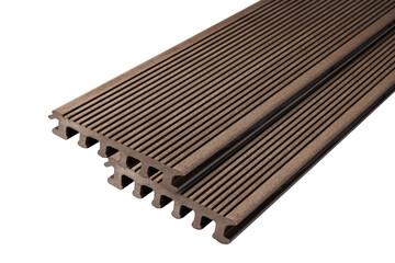 Colored Wood plastic composite patio decking boards isolated on white background