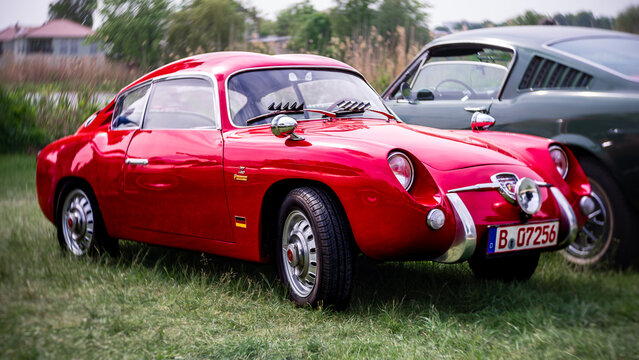 WERDER (HAVEL), GERMANY - MAY 20, 2023: The sport car Fiat-Abarth 750 Zagato "Double Bubble". Swirl bokeh, art lens. Oldtimer - Festival Werder Classics 2023