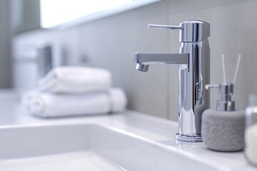 Bathroom counter with sink, water faucet and soap dispenser with liquid soap