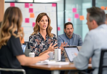 Diverse team of professionals brainstorming in a modern office conference room during a business meeting