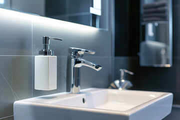 Bathroom counter with sink, water faucet and hanging soap dispenser