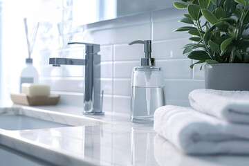 Bathroom counter with sink, water faucet and soap dispenser with liquid soap - obrazy, fototapety, plakaty