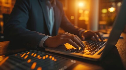 Intense Businessman Analyzing Financial Data on Laptop Screen in an Office Environment