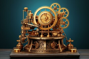 Steampunk mechanism with gears, metal spheres, gold rings, and engine parts on a podium. Dark background with cogwheels. Generative AI