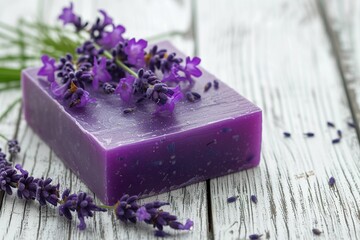 Natural lavender soap bars with lavender flowers on wooden background