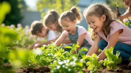 Smiling Children Engaged in Gardening Activities at a Community Garden