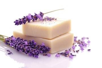 Natural lavender soap bars with lavender flowers on white background