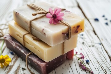 Handmade soap bars with flowers on wooden table