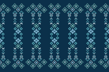 Traditional ethnic motifs ikat geometric fabric pattern cross stitch.Ikat embroidery Ethnic oriental Pixel navy blue background. Abstract,vector,illustration. Texture,scarf,decoration,wallpaper.