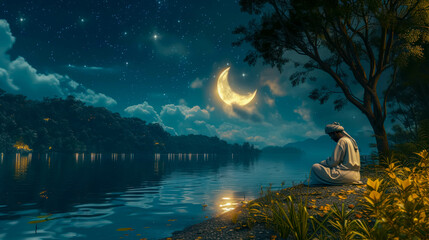 A Serene Moment of Reflection During the Moonlit Night of Eid. Peaceful View of River and Mosques. Dreamy Eid Background