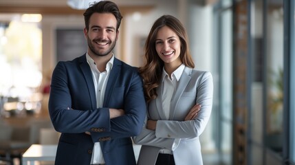 Professional Business Couple Smiling Confidently in Corporate Office Environment