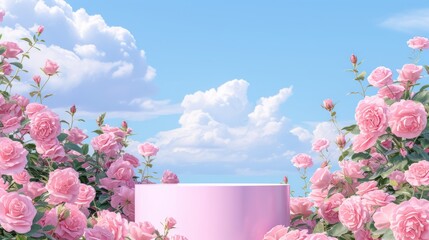 Elegant Pink Podium Surrounded by Rose Blossoms under a Soft Blue Sky with Clouds