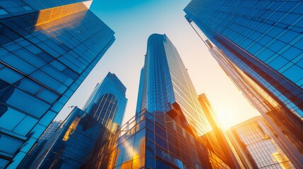 Fototapeta na wymiar Futuristic Skyline of a Smart City with Modern Skyscrapers and Sunlight Reflections
