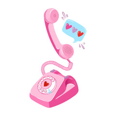 Hand drawn vector illustration of retro telephone and hearts. Romantic pink phone for valentine's day. 