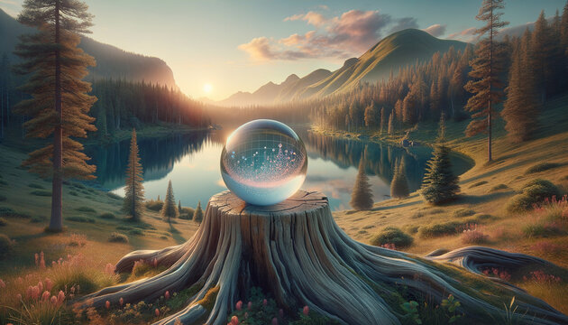 Serene sunrise landscape with crystal ball and holographic scatter plot