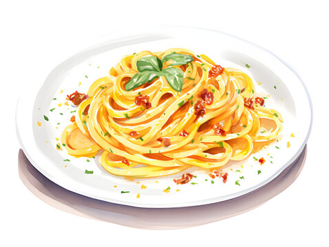 Watercolor illustration of carbonara pasta on white plate 