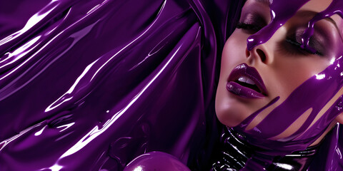 Portrait of a woman in purple latex suit - obrazy, fototapety, plakaty