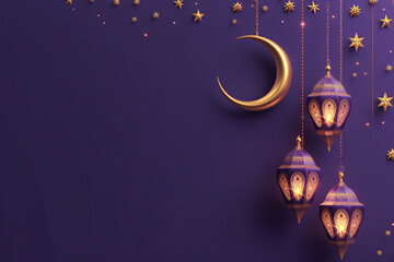 3D Ramadan lantern  Iftar  Eid crescent moon  cannonballs  text space and podium in purple gold style - obrazy, fototapety, plakaty