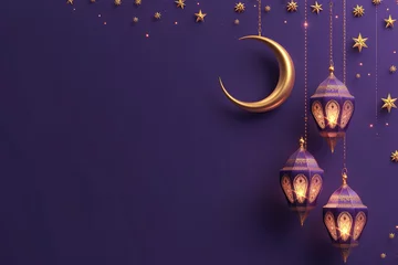 Foto op Canvas 3D Ramadan lantern  Iftar  Eid crescent moon  cannonballs  text space and podium in purple gold style © shobakhul