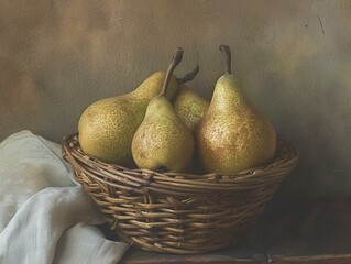ripe pears in a wicker basket, closeup