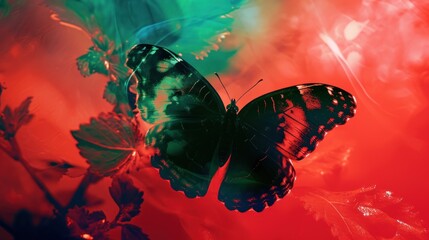  a close up of a butterfly on a red background with a blurry image of leaves and flowers in the bottom right corner of the image and bottom corner of the image.