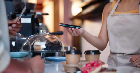 Coffee shop customer, hands and credit card at pos, waitress and easy payment for money in store. Paperless banking, machine and fintech at cafeteria with people, tea cup or espresso with transaction - Powered by Adobe