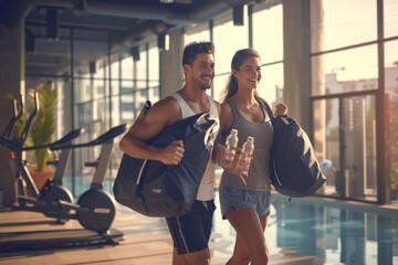 Smiling Athletic Couple Exiting Gym with Sports Equipment
