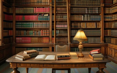 Fototapeta premium Elegant Law Library Interior with Extensive Shelving Full of Legal Books and References