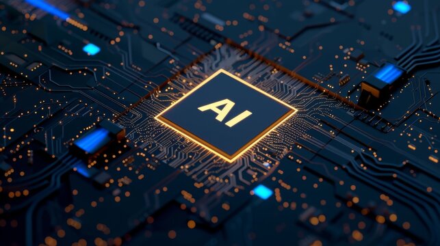 Futuristic AI Microchip with Circuitry and Text Illustration