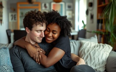 Joyful Interracial Couple Embracing on a Couch in Their New Home