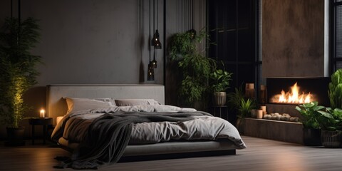 Stylish bedroom at night, with modern lamp, houseplants, and fireplace.